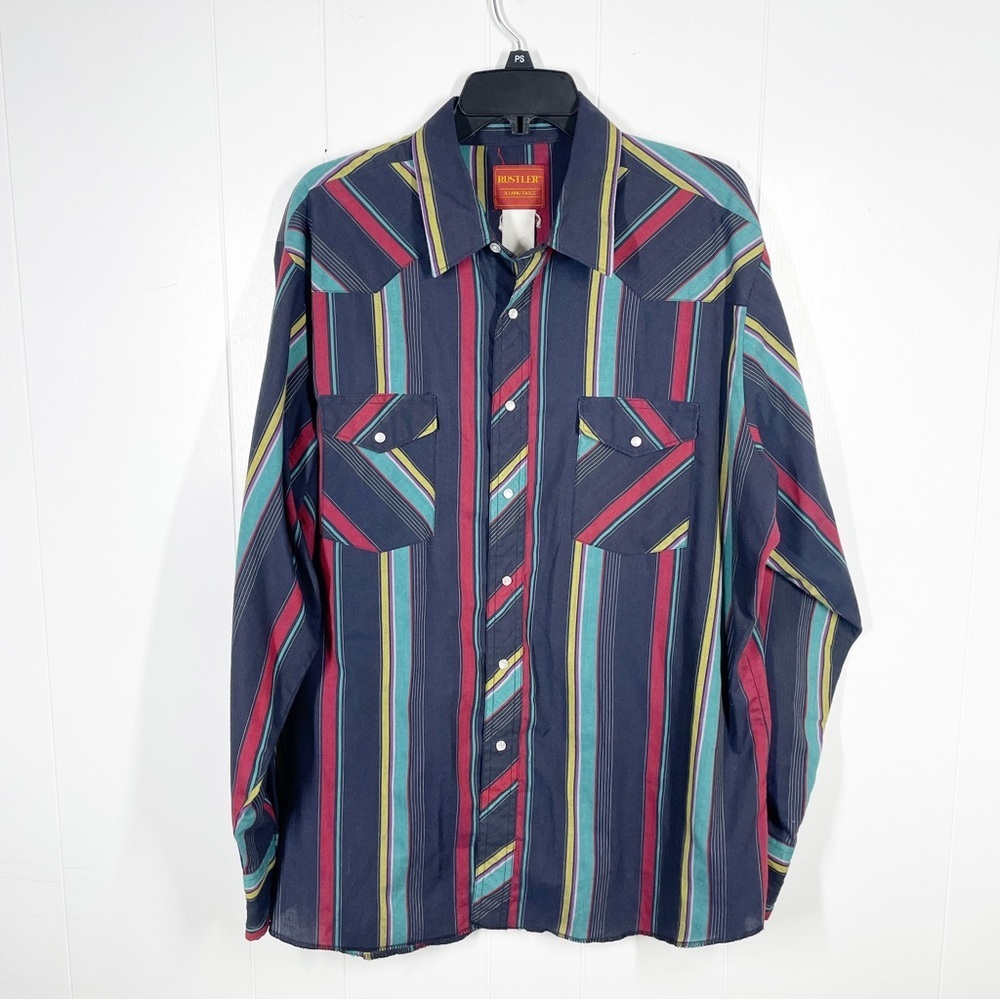 VINTAGE Rustler Navy Striped Pearl Snap Up Long Sleeve Top Extra Long Tails XL